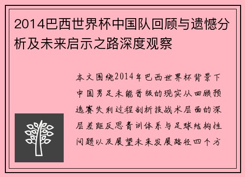 2014巴西世界杯中国队回顾与遗憾分析及未来启示之路深度观察